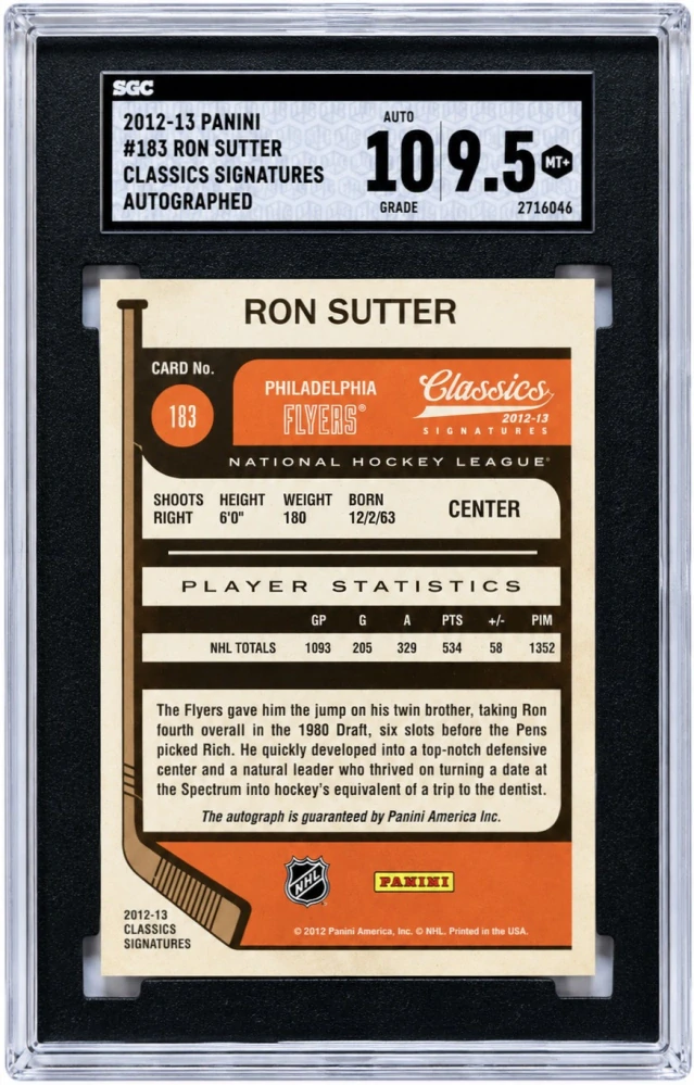 2012-13 Classics Signatures #183 Ron Sutter - AUTOGRAPH - SGC 9,5