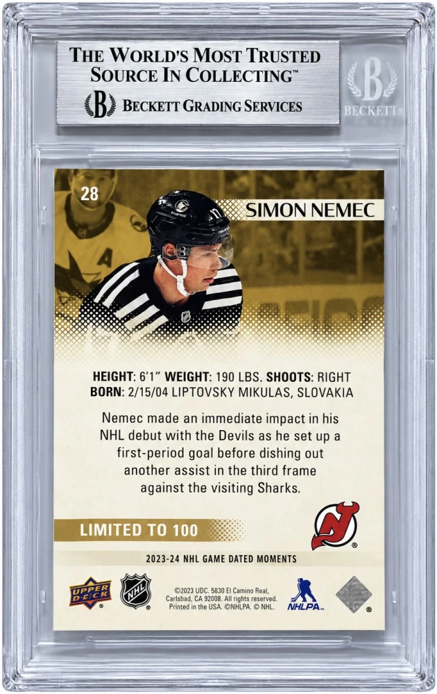 2023-24 Game Dated Moments #28 Šimon Nemec - ROOKIE DEBUT GOLD /100 - BGS-9