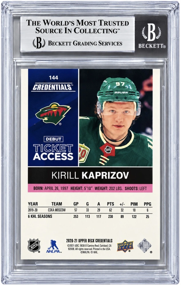 2020-21 UD Credentials #144 Kirill Kaprizov - DEBUT TICKET ACCESS PINK 49/49 - BGS 8.5